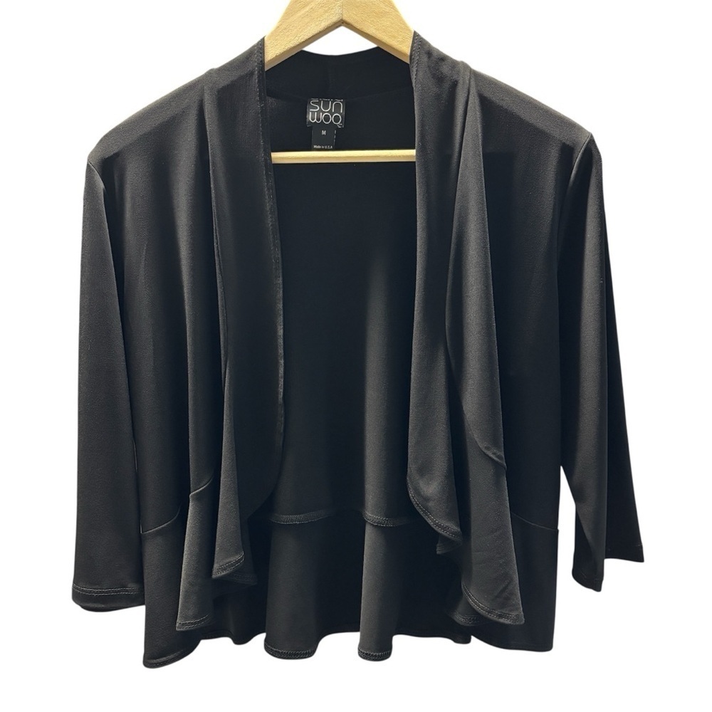 Clara Sun Woo Black Waterfall Cardigan Jacket M Stretch Made in USA